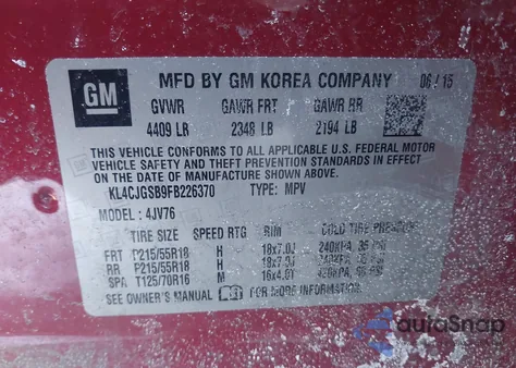 2015 Buick Encore Leather z USA, uszkodzony, nr VIN KL4CJGSB9FB226370